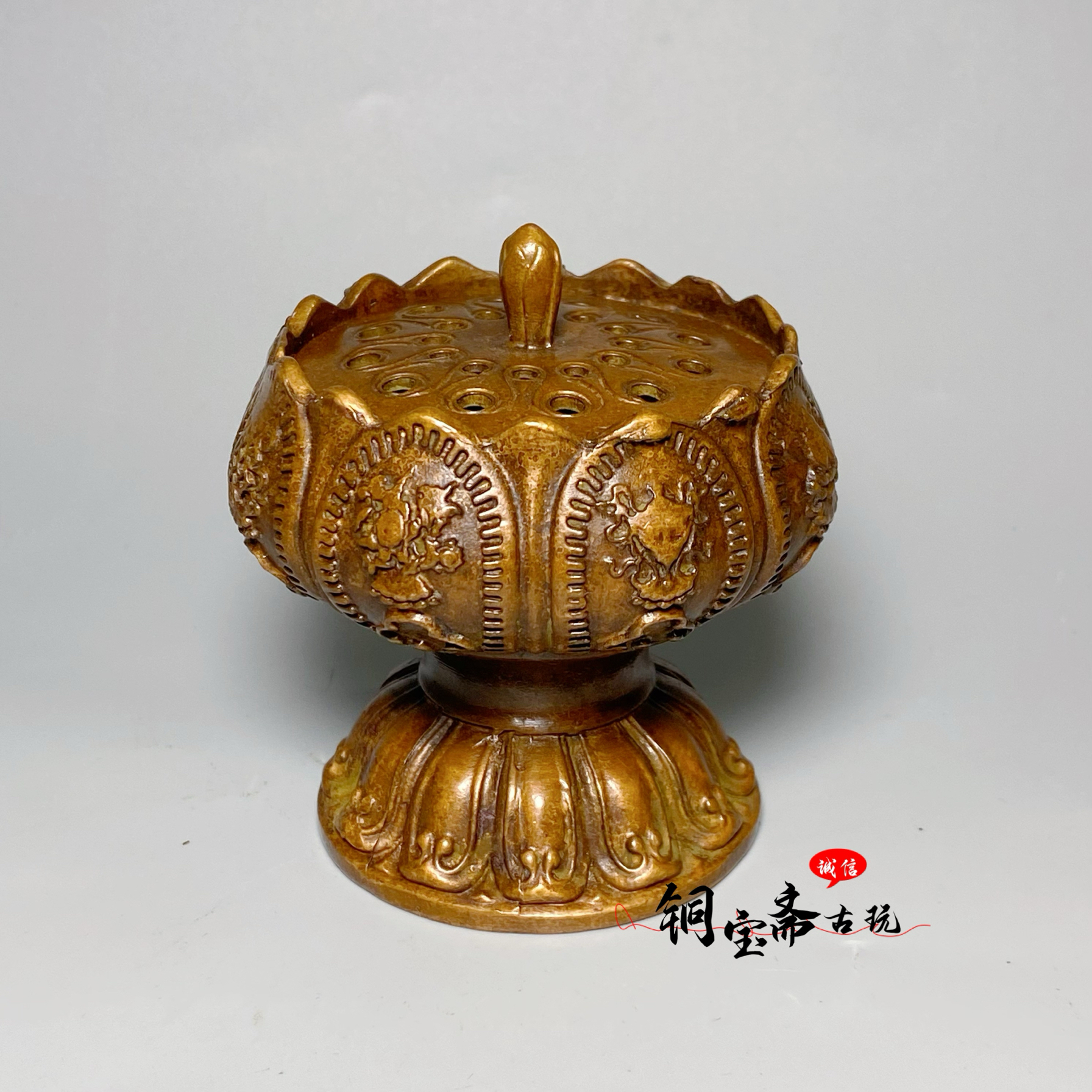 仿古铜器八宝莲花熏香炉八吉祥熏炉带盖盘香檀香沉香茶道桌面摆件