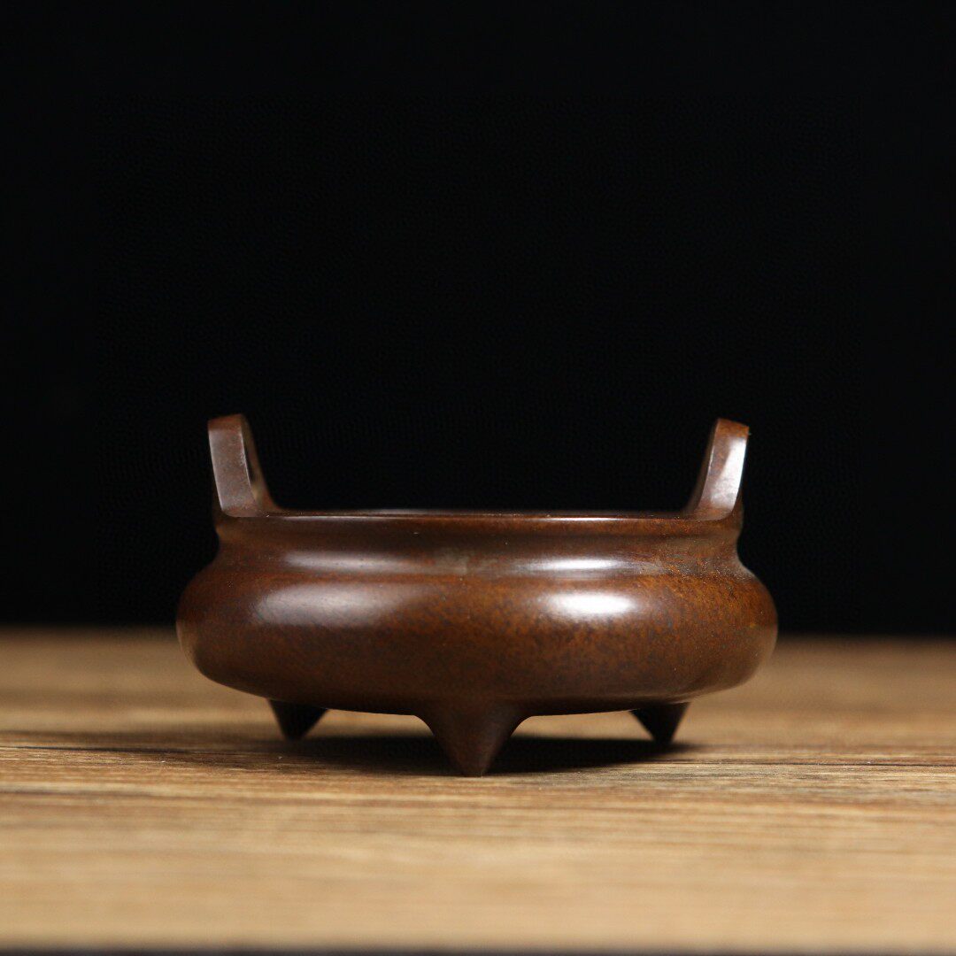 纯铜冲耳香炉经典古典熏香炉仿古大明宣德矮腹檀香线香盘香炉摆件