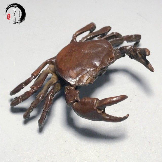 古玩杂项收藏日式手工实心铜螃蟹铜茶宠茶玩茶养横财就手创意摆件