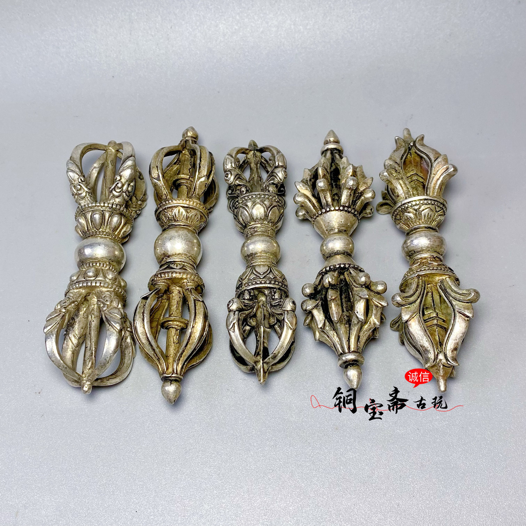 古玩加厚白铜鎏银金刚杵手把件纯铜五股九股密宗法器家居佛堂摆件