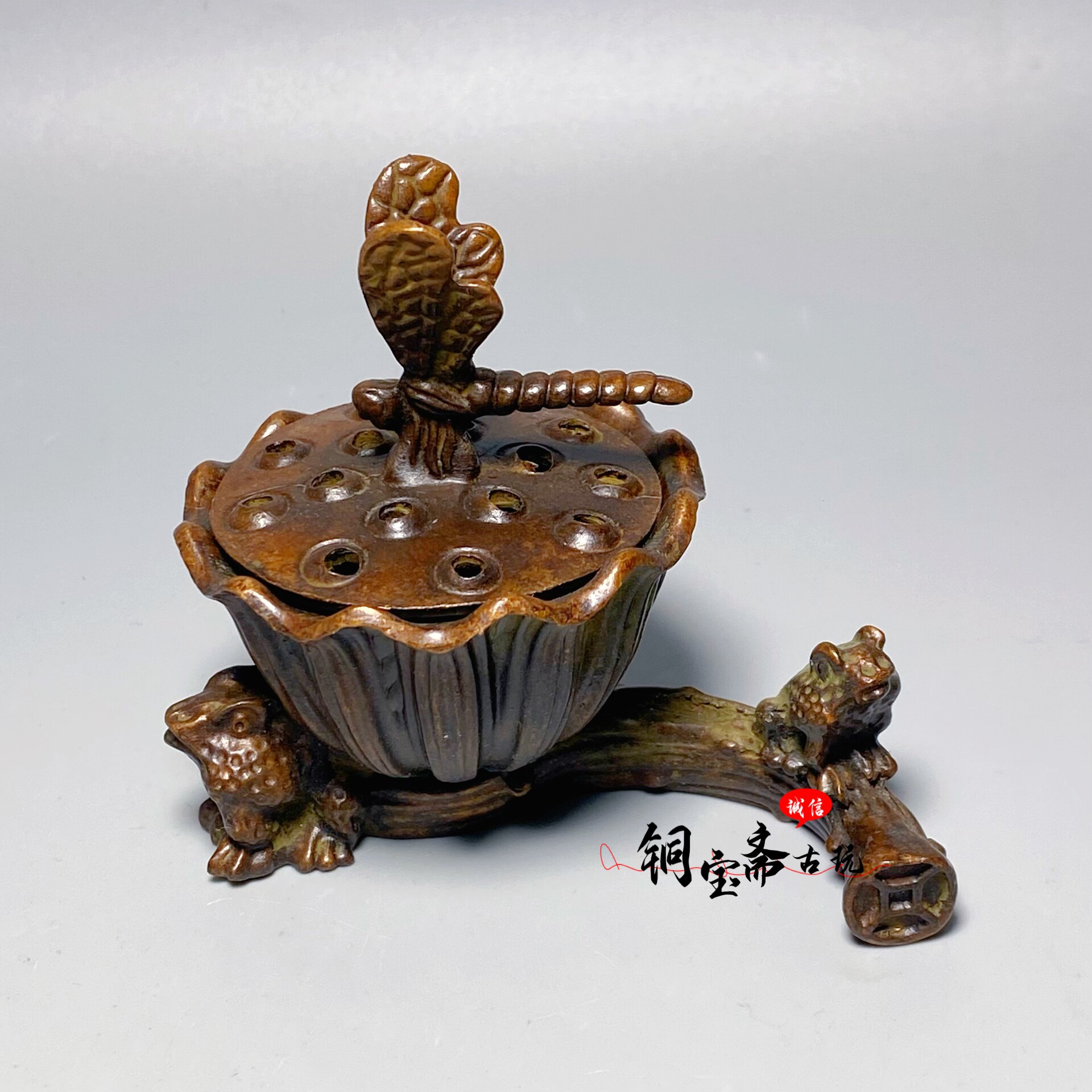 仿古铜器手持莲花莲蓬薰香炉蜻蜓青蛙呱呱来财香熏炉创意茶道摆件