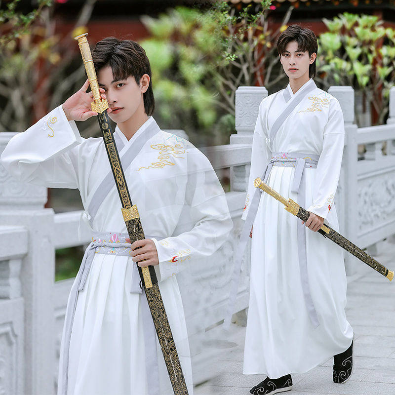 汉服男装武侠风男女款全套情侣古风剑客白色长袖学生古装毕业班服图片