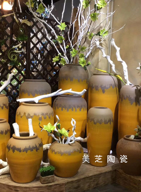客厅落地花艺陶罐组合别墅陶瓶插花器新中式黄色陶瓷大型花瓶摆件