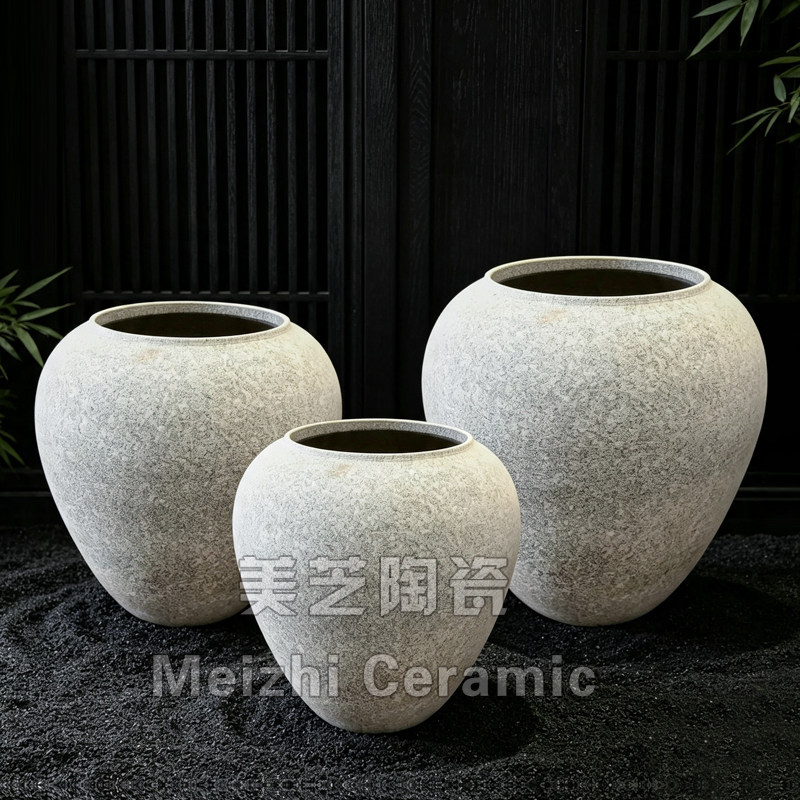 简约白色粗陶大陶罐落地大花器客厅餐厅装饰陶瓷罐大口径陶瓷花瓶
