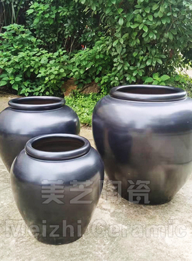 酒店黑色哑光花器大型水景缸陶罐流水坛子陶瓷落地大花瓶种植花盆