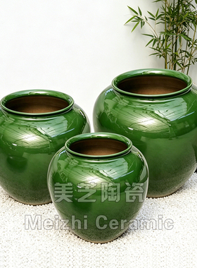 绿色高圆釉面陶盆绿植花盆落地大花瓶摆件客厅插花高级感陶罐大缸
