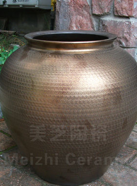 轻奢郁金色陶罐插花器摆件大号种花盆落地大花瓶流水景观坛子陶缸