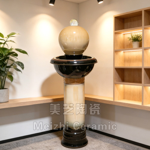 入户新中式陶瓷流水生财摆件循环流水陶罐喷泉加湿器水晶球聚宝盆