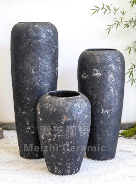 酒店陶瓷花盆做旧花器复古装饰陶缸摆件粗陶大花瓶侘寂风仿古陶罐