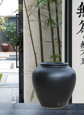 黑色陶瓷花瓶种树花盆落地大号插花器大型陶罐酒店样板房装饰陶缸