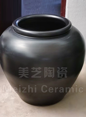 户外水池涌泉陶罐流水景观花瓶插花摆件黑色哑光陶瓷大缸喷泉坛子