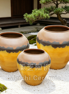欧式黄色陶瓷花瓶桌面落地大号插花器干枝陶罐样板房玄关装饰摆件