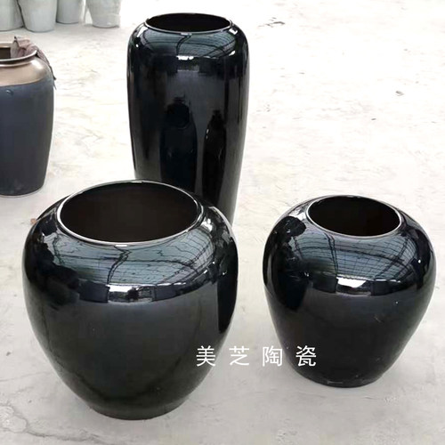 黑色亮光大肚陶罐花瓶落地花器摆件陶瓷罐子大口涌泉水缸瓦缸花盆