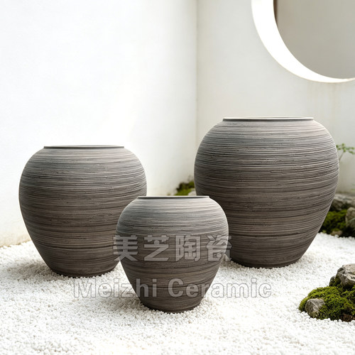 美芝高端陶瓷厂家直销复古粗陶落地大型花瓶户外装饰陶罐干枝陶缸