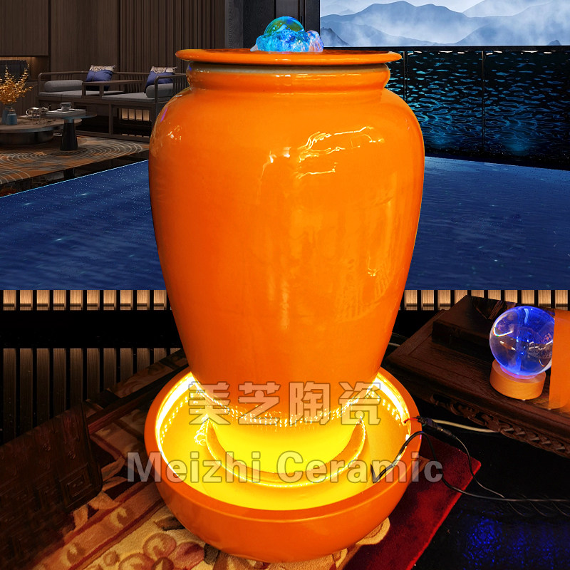客厅玄关水系花瓶式加湿器轻奢流水摆件水晶球带灯涌泉陶罐喷泉缸