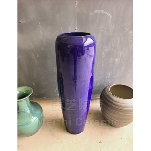 客厅蓝色外园肚花瓶特大号陶罐干枝摆件庭院大花缸景德镇陶瓷大缸