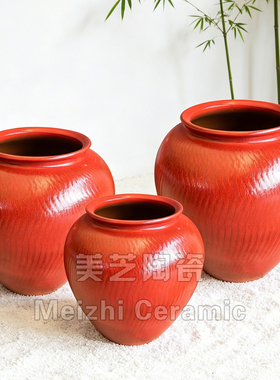 红色大缸落地陶罐插花器水培花瓶