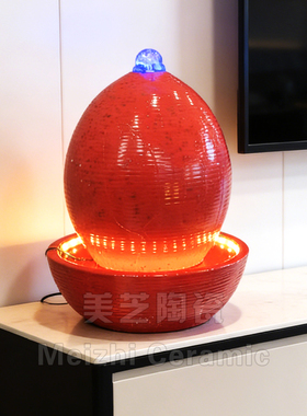 美容会所红色转运球景德镇加湿器溢水坛子流水摆件循环水系流水罐
