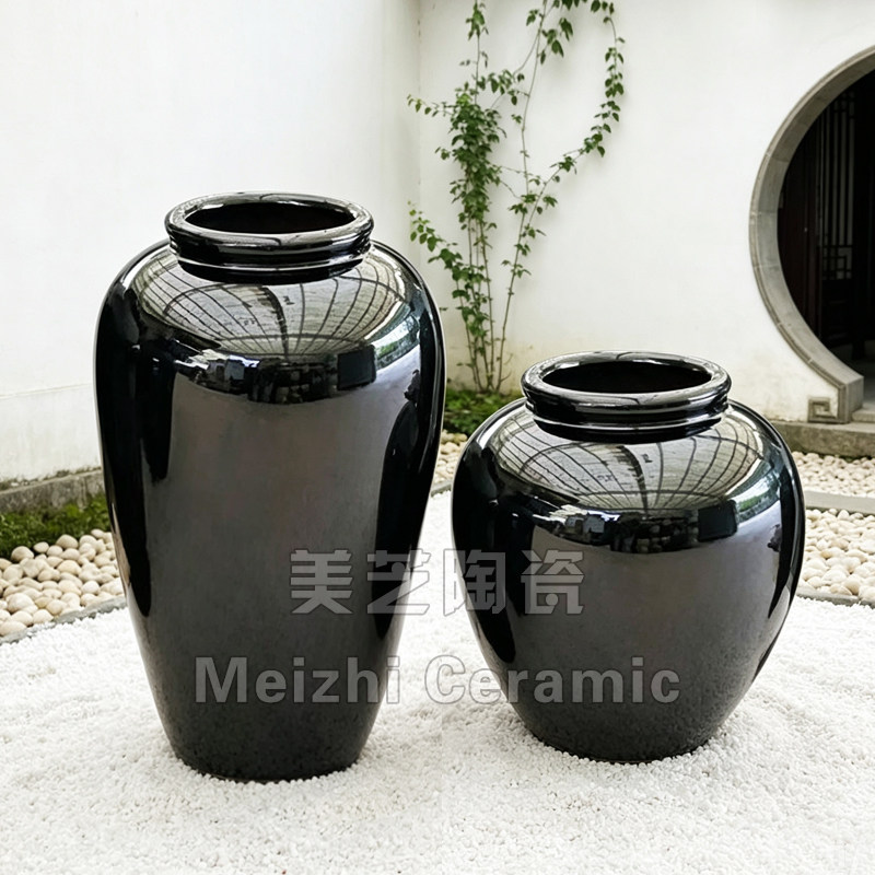 定做花盆超大号黑色花瓶落地花器插花坛子酒缸水池涌泉陶罐流水缸