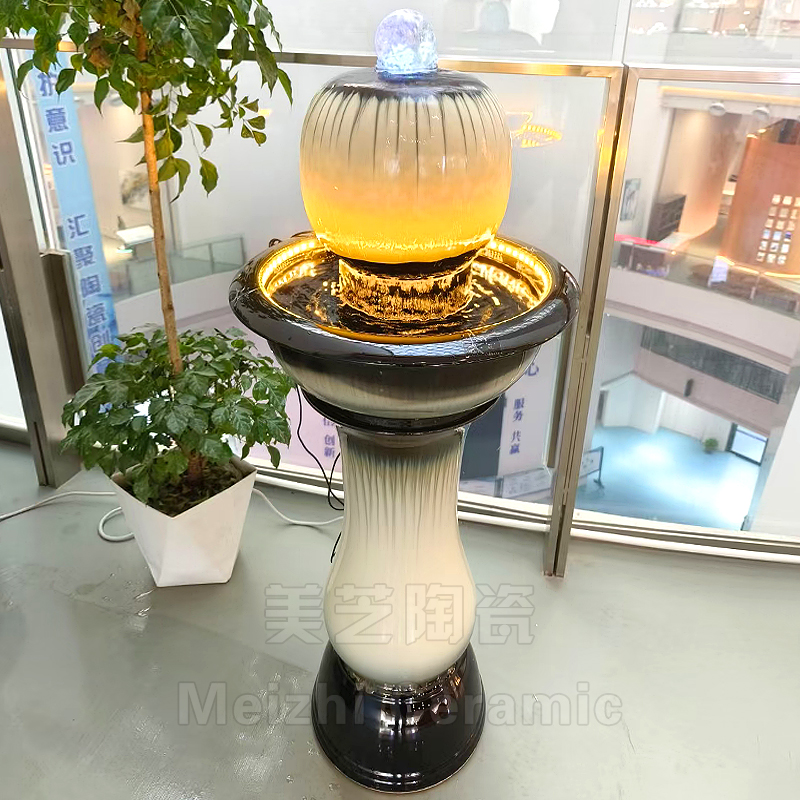 景德镇陶瓷流水摆件循环水客厅聚宝盆加湿器带灯光水缸喷泉转运球