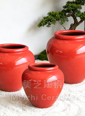 中式花器红色陶罐流水坛子陶瓷特大陶缸景德镇陶瓷花瓶大口径花盆