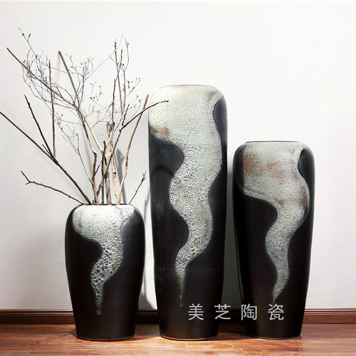 客厅花器三件套花瓶粗陶陶缸别墅陶瓷落地大花罐陶瓶摆件复古陶罐
