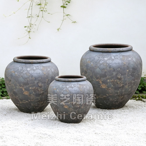 复古做旧粗陶陶罐陶瓷花盆大号落地花瓶圆形大缸插花大花器老坛子