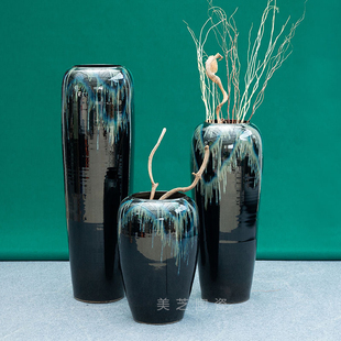 酒店民宿1.2米大花瓶黑色禅意花器插花陶罐釉陶瓷瓶摆件立地花钵