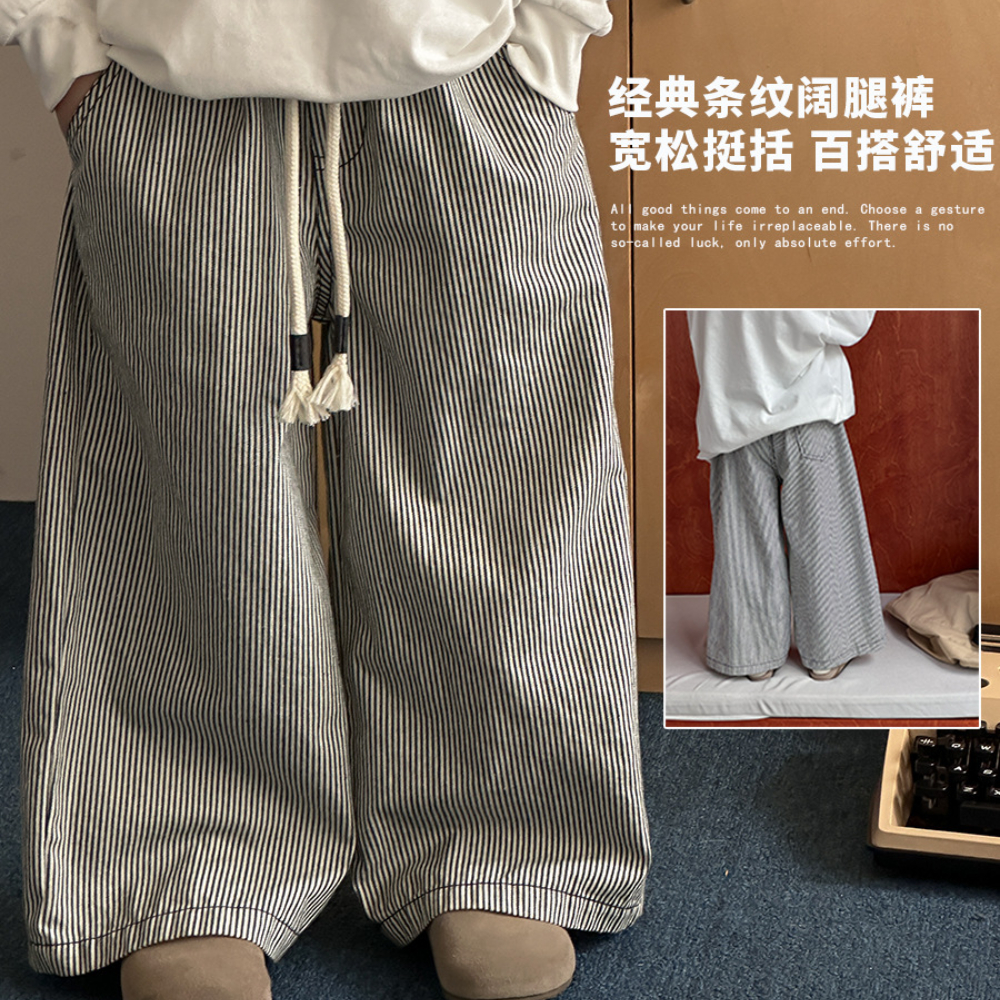 男童裤子儿童2024秋季新款韩版系带竖条纹休闲裤男孩百搭宽松长裤