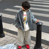 洋气复古牛仔衬衣 男孩百搭刺绣翻领上衣男童韩版 儿童衬衫 2026新款