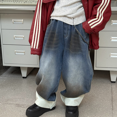 男童秋冬复古喷漆加绒翻边牛仔裤