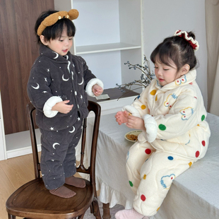 儿童家居服套装男女童冬季软绵绵三层夹棉保暖睡衣裤男孩居家衣服