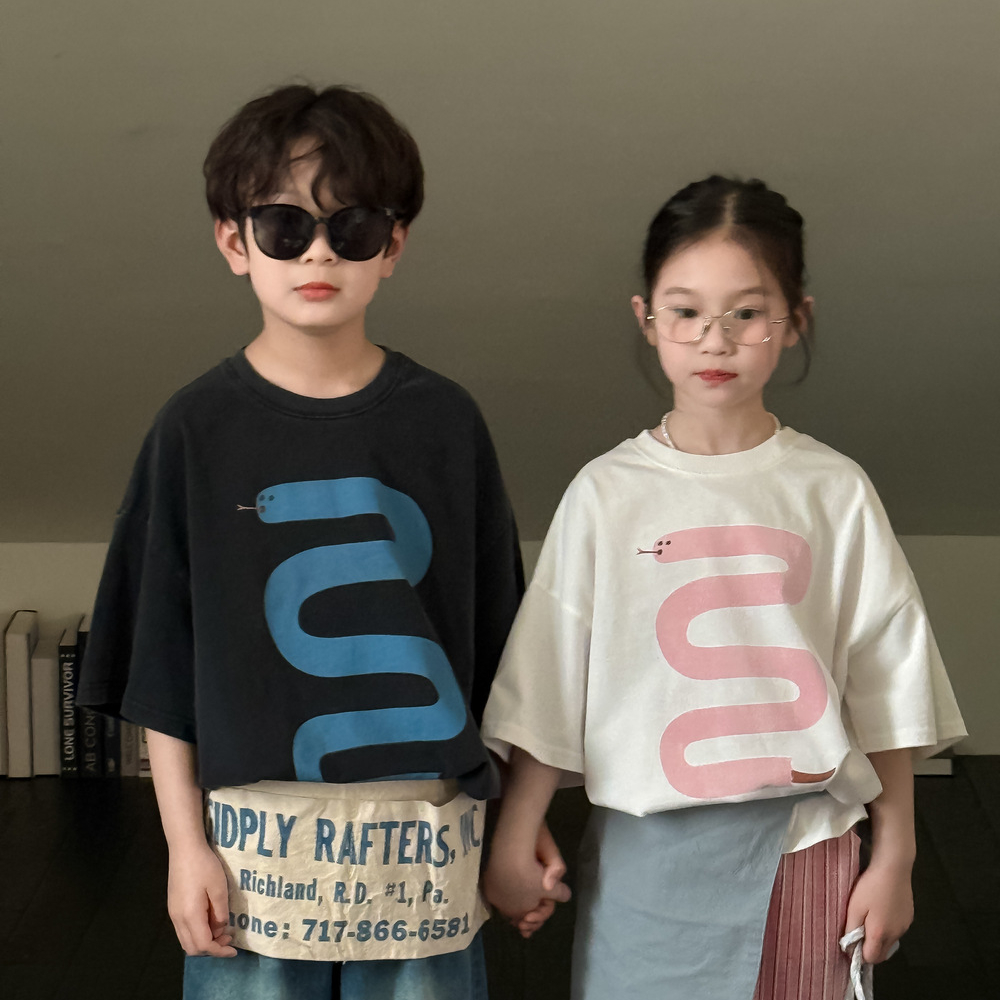 男女童短袖儿童夏季新款韩版蛇年印花半袖衫男女孩百搭宽松套头衫