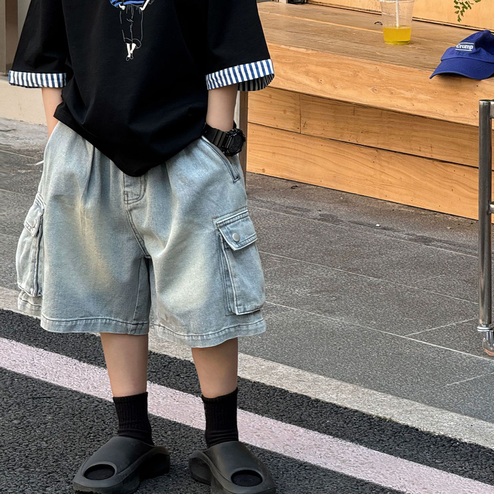 男童短裤儿童2025夏季纯色美式工装牛仔中裤男孩百搭潮酷五分裤潮