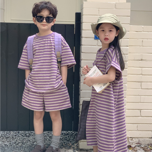 男童套装夏女童薄款条纹短袖卫衣裙儿童韩版休闲短裤兄妹装两件套