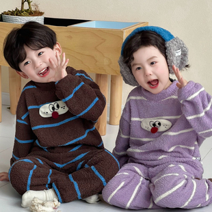 男孩保暖毛绒居家衣服 卡通半边绒睡衣裤 儿童家居服套装 男女童冬季