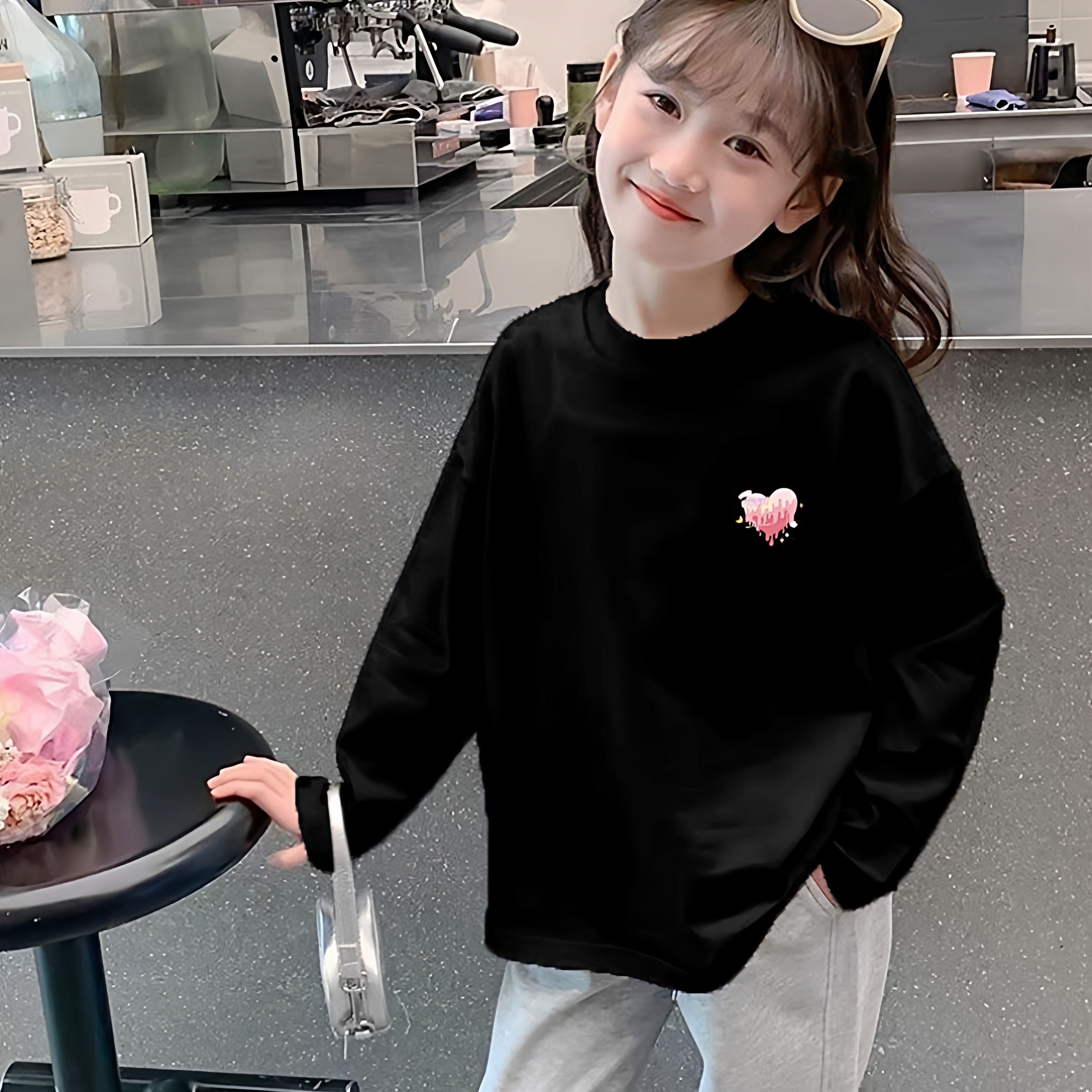 纯棉女童长袖T恤春秋新款中大童洋气黑色打底衫时尚内搭上衣