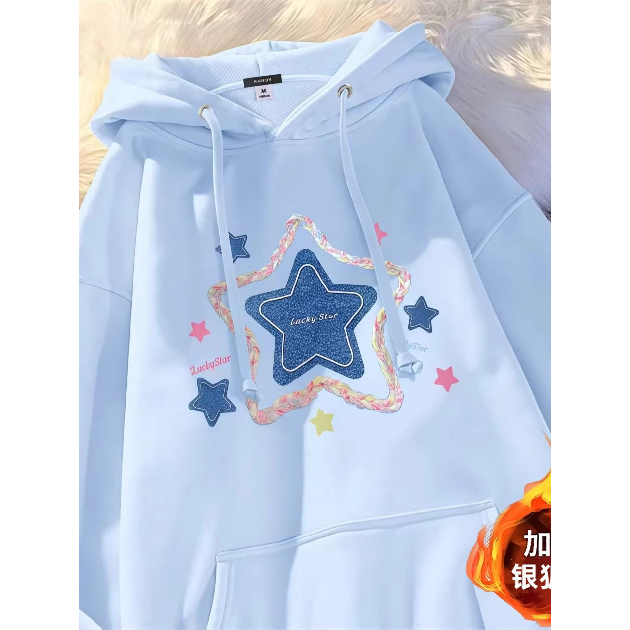 女童甜美风天蓝色印花连帽卫衣秋冬连帽加绒百搭女孩学生外套