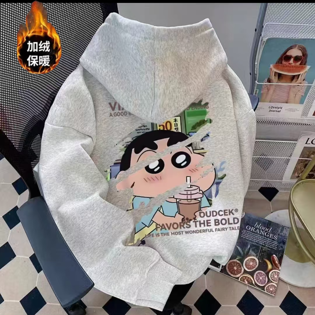 男女童蜡笔小新印花日系动漫学生卫衣加绒秋冬连帽衫运动上衣外套