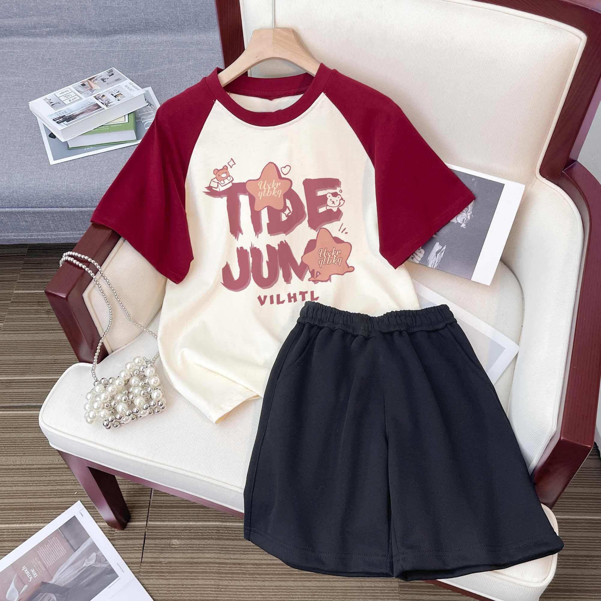 夏季新款女童短袖T恤套装洋气潮牌字母女中大童运动短裤两件套潮