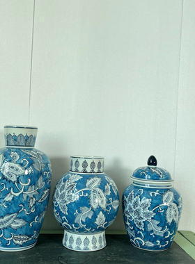 中式陶瓷花瓶新中式青花瓷花器手绘古典中国风茶室玄关蓝色摆件