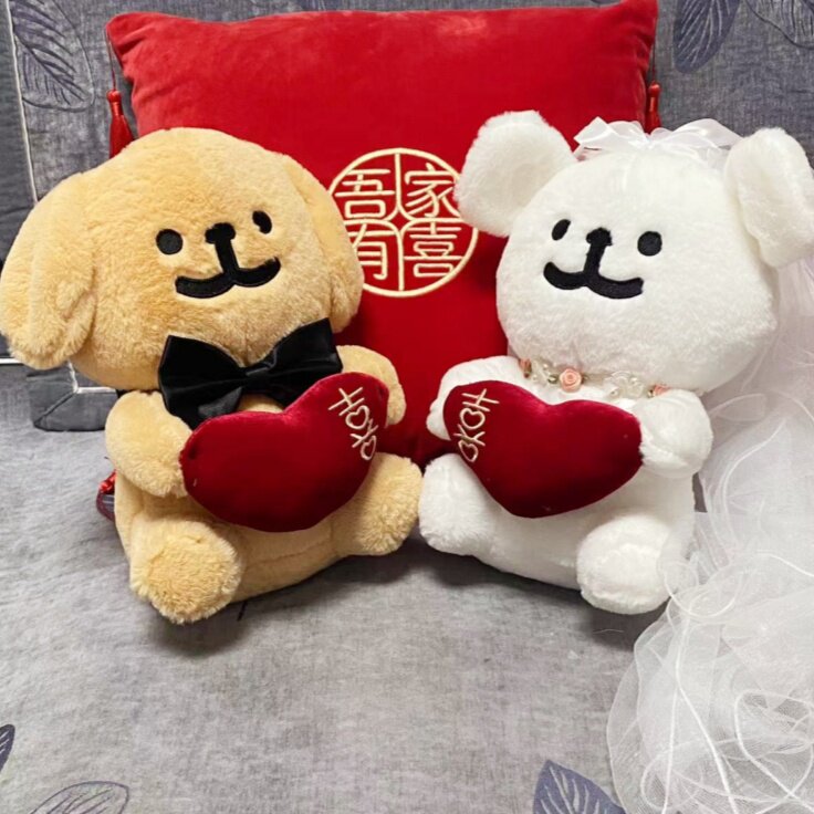 可爱线条小狗压床娃娃一对装结婚订婚送新人毛绒玩偶公仔新婚礼物