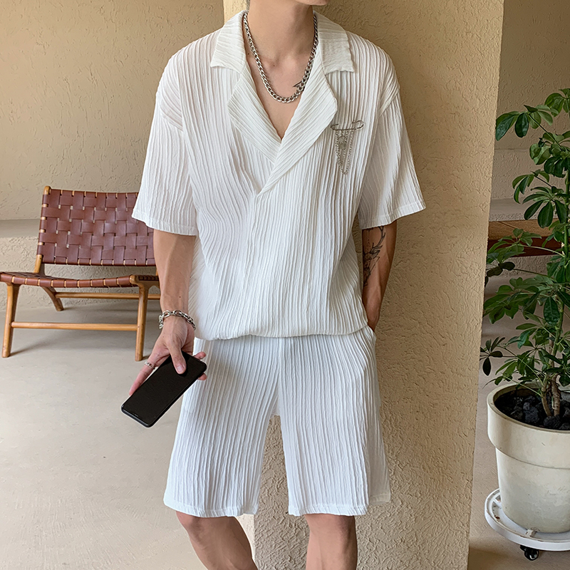 夏季冰丝薄款西装领半袖衬衫套装男oversize痞帅阔腿百搭直筒中裤