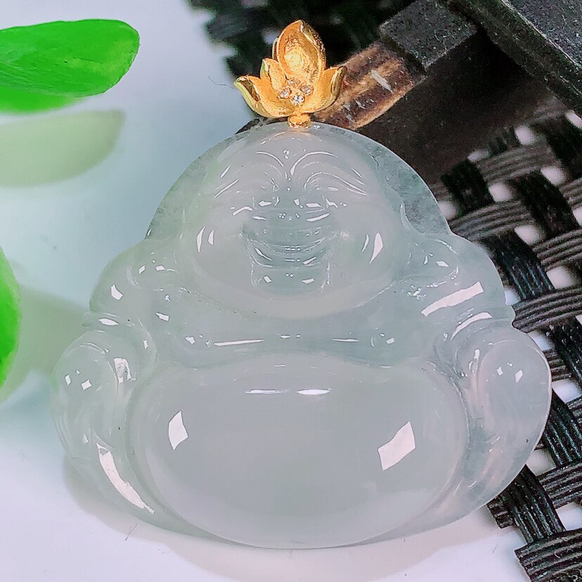 缅甸天然A货翡翠18k金镶嵌冰种起胶满色水润高端正装佛公玉石吊坠
