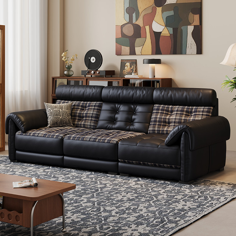 中古风复古油蜡皮沙发皮布两用直排可调节高靠背头层牛皮羽绒沙发