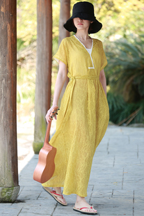 东方豆蔻春夏新款丝麻印花V领套头短袖女式连衣裙长裙子袍子