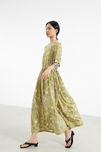 东方豆蔻夏秋新款紫藤花桑蚕丝真丝收腰裙子女式连衣裙长裙