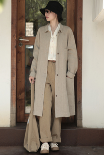 东方豆蔻春夏新款粗粝雨露麻翻领单排扣中款宽松外套女风衣10332