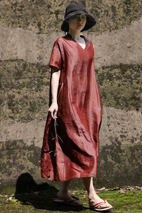 东方豆蔻新款春夏重磅真丝红云纱连衣裙v宽松长裙子禅意82211