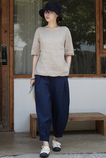 东方豆蔻新款夏套头衫女简洁百搭透气女士茶色亚麻上衣52557